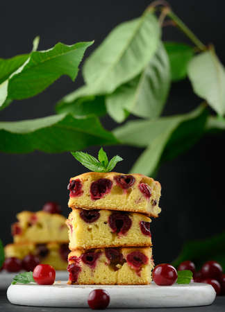 Baked pieces of sponge cake with red ripe cherries on a white wooden boardの写真素材