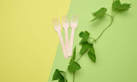 Disposable wooden forks for fast food and picnic on a green background, close up