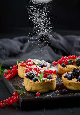 Fruit tart with red currants sprinkled with powdered sugar on a black tableの写真素材