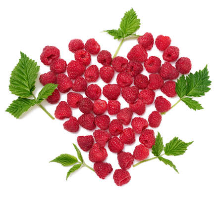 Red ripe raspberries and green leaves on a white background. View from above