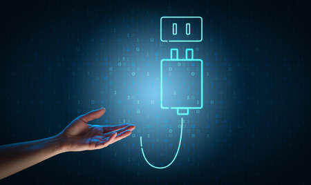 Female hand and socket icon on blue background, new ideas concept, metaphor