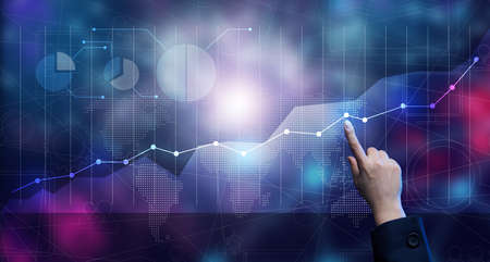 Holographic chart with rising rates and indicators. Business growth concept, high profitability,...