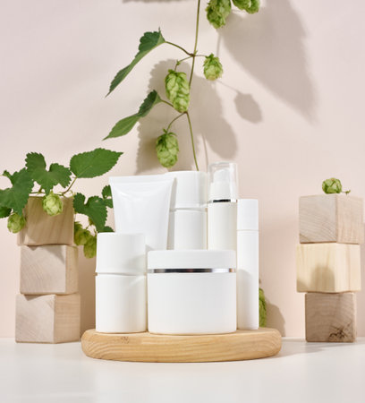 White plastic container tube, a jar with a lid for cosmetics on a beige background with a shadow from a palm leaf. advertising and promotionの写真素材