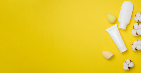 White plastic tubes and jar for cream, gel and other cosmetics and sponges on a yellow background, top view. copy spaceの写真素材