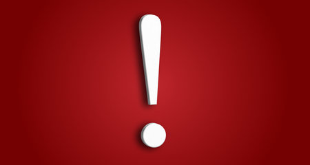 White exclamation mark on a red background, a symbol of attention, a place for an inscription, 3d render illustrationの写真素材