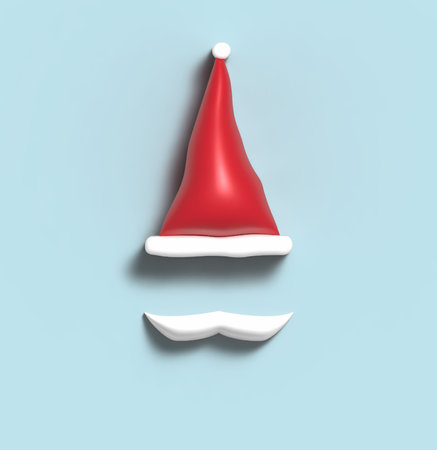 Red santa hat with white balabons and mustache on a blue backgroundの写真素材