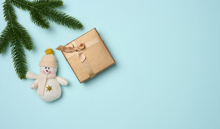 Christmas decor on a blue background, top view. copy spaceの写真素材