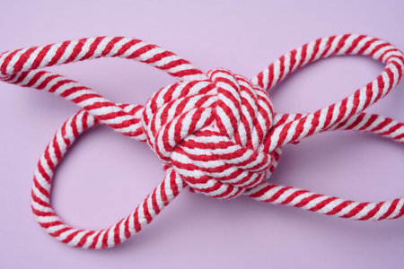 Textile toy rope for playing with animals on a purple background, top view