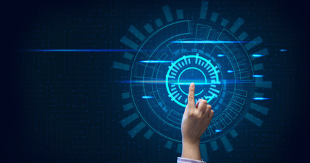 Virtual start button on the holographic screen, starting a business and a new life. Running a...
