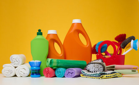 Orange plastic bottles with liquid products and garbage bags, brushes and textile rags for washing...