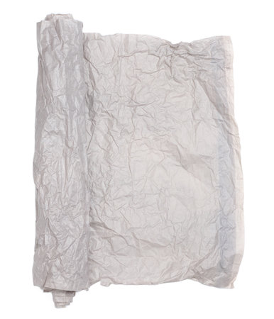 Roll of gray crumpled paper isolated on white backgroundの写真素材