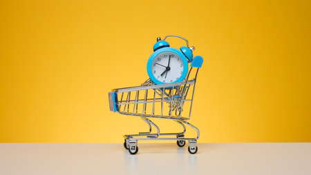 Round alarm clock in a miniature shopping cart on a yellow backgroundの写真素材