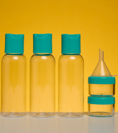 Transparent plastic bottles for liquid cosmetics on a yellow backgroundの写真素材