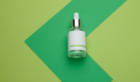 White glass bottle with a pipette and a empty white label. Container for cosmetics, serum and oil. Mockup skincare product, flat layの写真素材