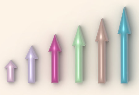 Multi-colored arrows pointing up on a beige background, a graph with growing indicators. statistics and reports. 3d render illustrationの写真素材