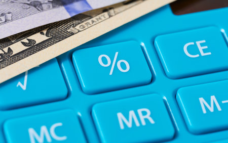 Percentage button on blue calculator, counting income, close up