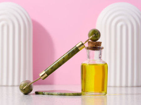 Glass bottle with yellow massage oil and stone hand massager on pink background, alternative medicineの写真素材
