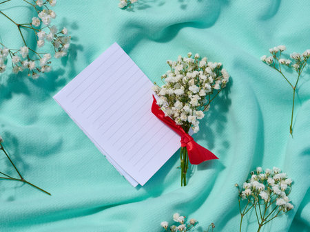 Bouquet of baby's breath and folded white paper on a textile background, a note. top viewの写真素材