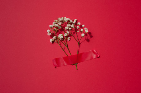 A bouquet of white gypsophila is glued with red electrical tape on a red backgroundの写真素材