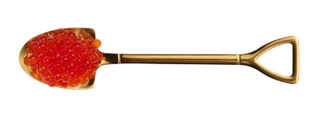 Red sturgeon caviar in a metal spoon on a white isolated background, delicious snack. top viewの写真素材