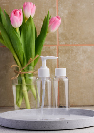 Transparent plastic container with a dispenser on the table. Bottle for liquid soap, shampooの写真素材