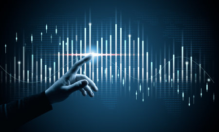 Holographic graph with growing indicators and a woman's hand. Business growth concept, profitable startup, profitable business strategy, sales increase. High performanceの写真素材