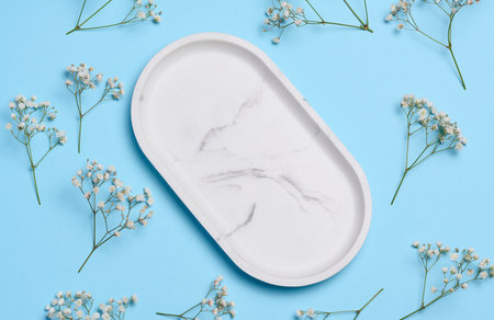 Empty white oval marble plate on a blue background, top viewの写真素材