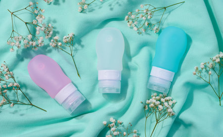 Plastic tubes for cosmetics and sprigs of white gypsophila flowers, top viewの写真素材