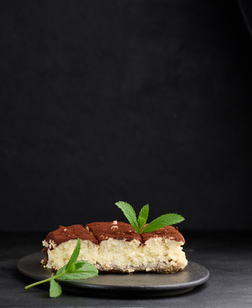 A piece of tiramisu sprinkled with cocoa, on top of a sprig of fresh mint on a black backgroundの写真素材