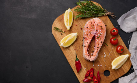 Raw salmon steak on a wooden cutting board, lemon slices, spices. Top view on black tableの写真素材