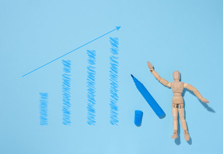 Wooden mannequin and graph with growing indicators, high income. pink background