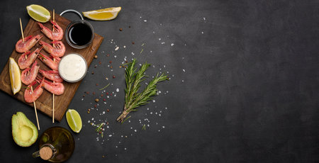 Shrimps strung on wooden sticks, soy sauce and spices on a black table, top view. copy space