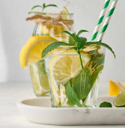 Lemonade in a transparent glass with lemon, lime, rosemary sprigs and mint leaves on a white backgroundの写真素材