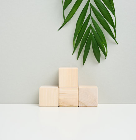 Wooden cube on a gray background with a green palm leaf. Stage for product demonstration, cosmetics. Promotion and advertisingの写真素材