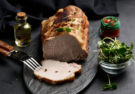 Baked piece of pork balyk on the table with spices. Tenderloin cut into piecesの写真素材