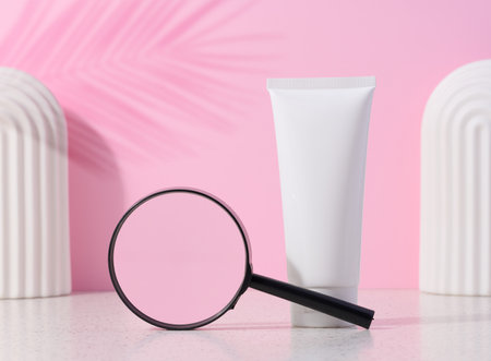 White plastic tube for liquid cosmetics on a pink background, packagingの写真素材