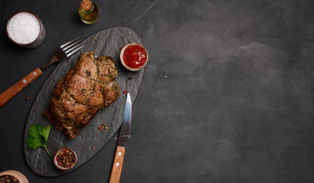 Baked pork collar with spices on a wooden board, delicious and juicy meat