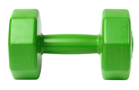 Green plastic dumbbell on a white isolated background, sports equipmentの写真素材