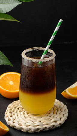 Iced coffee with orange juice in a transparent glass, refreshing bumble coffee on the table, black backgroundの写真素材