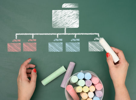 Folder icons drawn in chalk on a green chalk board and a woman's hand with a chalk, organizing documentsの写真素材
