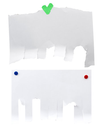White sheet with tear-off edges for writing an ad on a white backgroundの写真素材