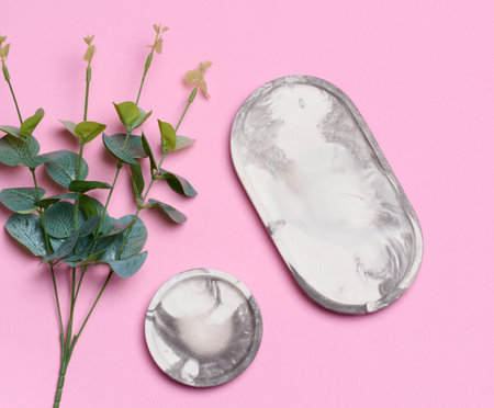 Gray empty decorative plate and green leaf on a pink background, product and cosmetic display stage, top viewの写真素材