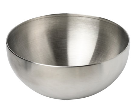 Deep stainless steel bowl on a white insulating backgroundの写真素材
