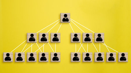 Wooden block with staff icon which link connection network for organization structure social network...
