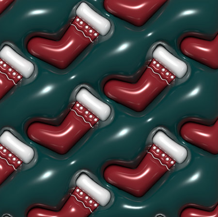 Christmas pattern with red boot on green background, 3D rendering illustration