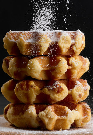 A stack of baked Belgian waffles sprinkled with powdered sugarの写真素材
