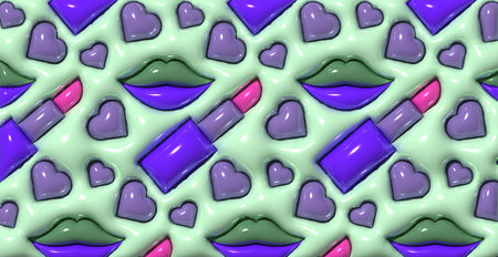 Lipstick, heart and lips on a green background, repeating pattern. 3D rendering illustration