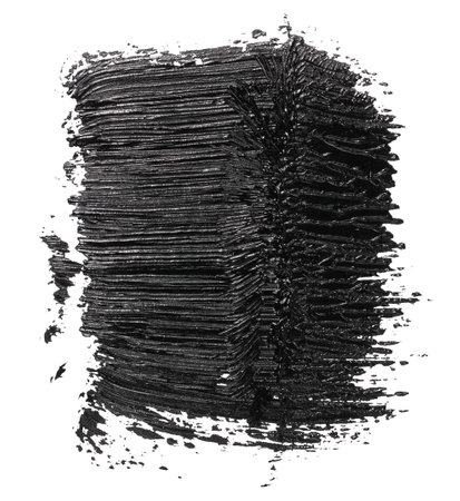 Swatch of black smudged acrylic paint isolated on white background, close upの写真素材