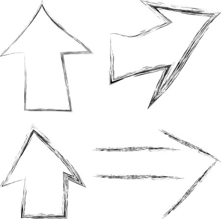 Isolated black arrows drawn with a bristle brush on a white background, freehand drawing setのイラスト素材