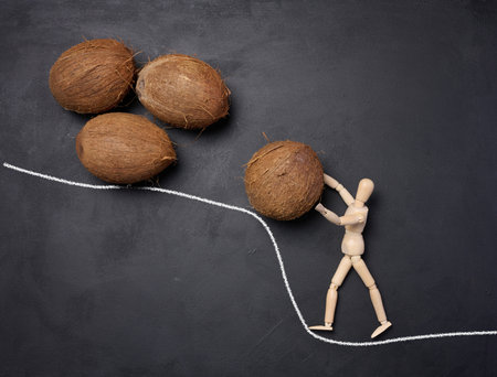 A wooden mannequin rolls a coconut up a mountain. Concept of hard work, determination and perseveranceの写真素材